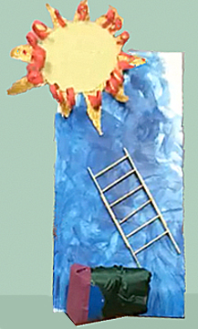 Ahimsa's self-portrait shows a bed at the bottom, a sun at the top, with a ladder spanning the sky blue space in between.