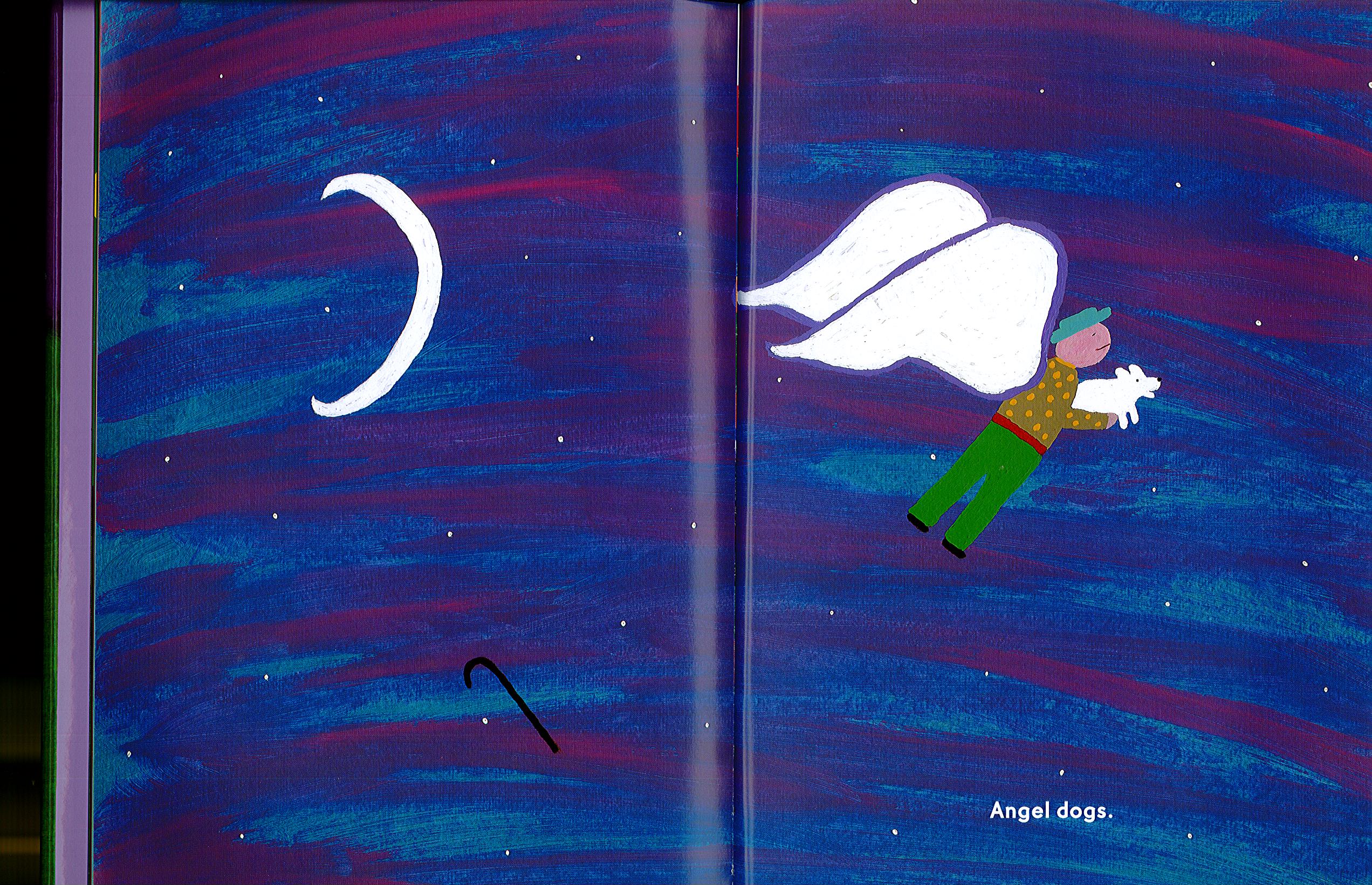 an angelic man flies through the air, holding a little white dog in his arms. A crescent moon and stars are in the dark blue and purple sky. A crooked cane is also floating in the air.